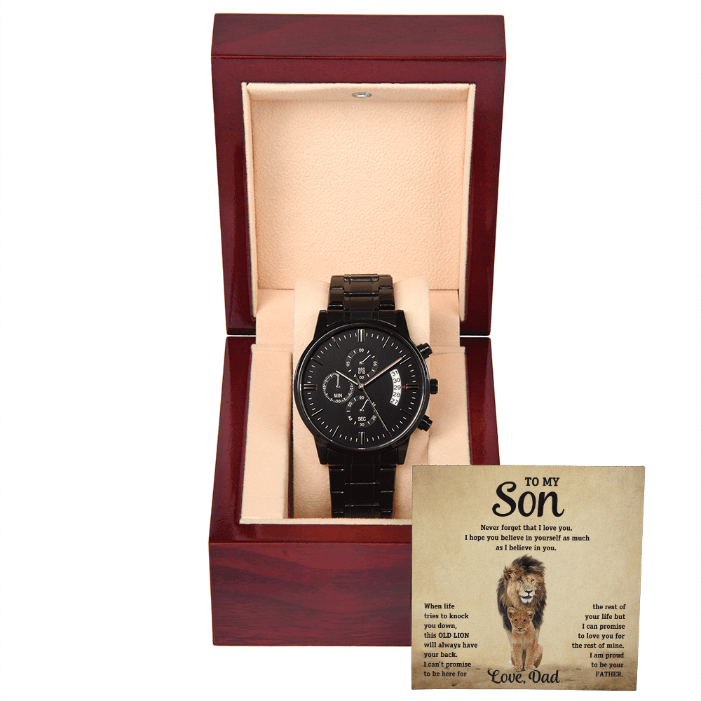 To My Son - Old Lion - Black Chronograph Watch - Halliday Gifts