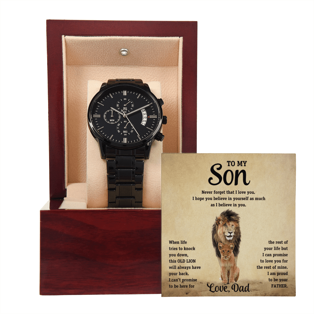 To My Son - Old Lion - Black Chronograph Watch - Halliday Gifts