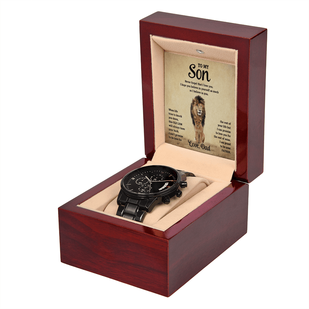 To My Son - Old Lion - Black Chronograph Watch - Halliday Gifts